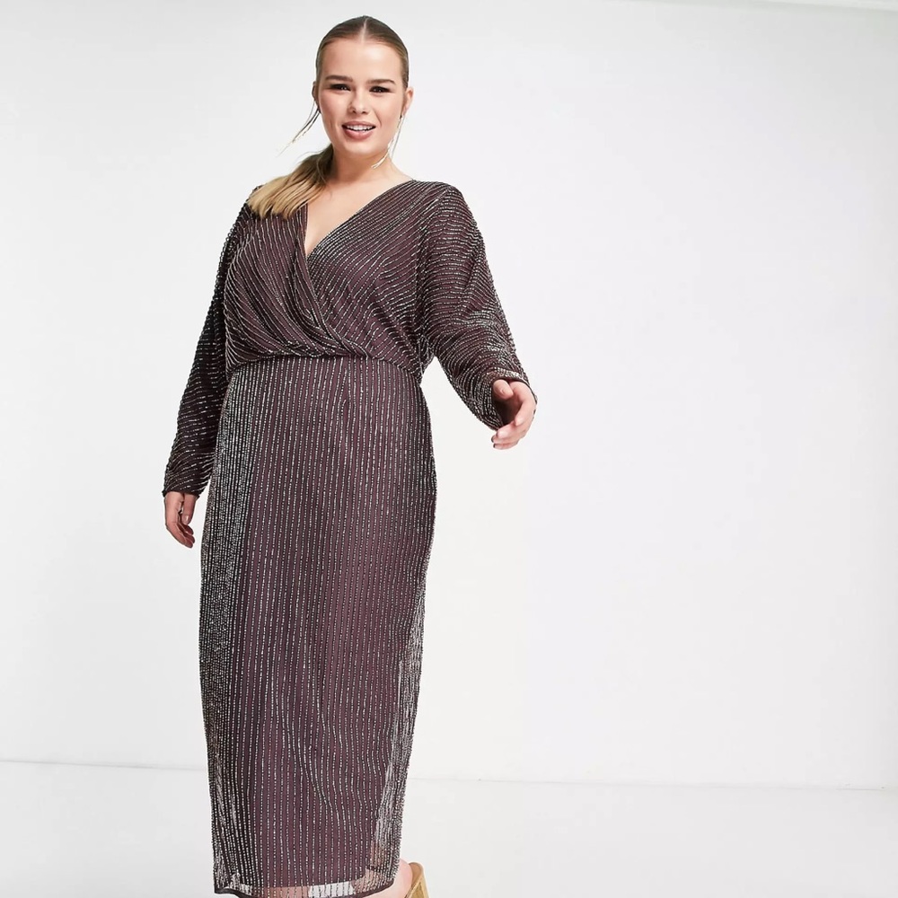 ASOS DESIGN Curve gold linear embellished batwing midi dress in mauve size 16